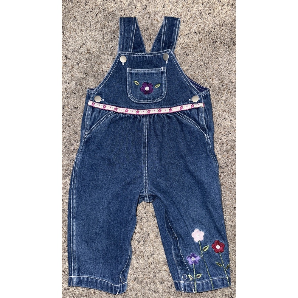 Vintage medium wash jean butterfly floral ruffle toddler‎ overalls SIZE 12M